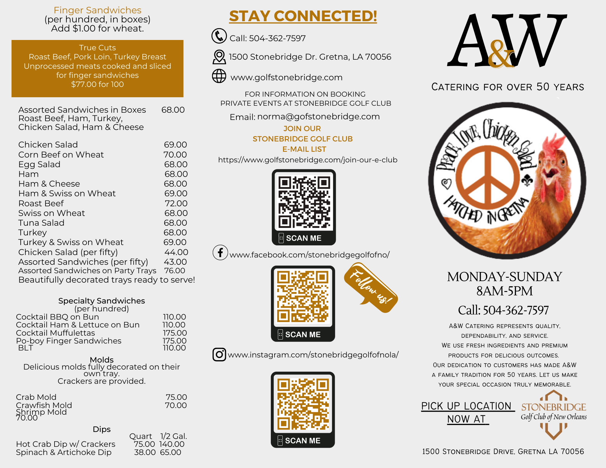Stonebridge Golf Club Of New Orleans | A&W Catering - (August 2023) Stonebridge Golf Club Of New Orleans A&W Catering – (August 28th, 2023) A&W Catering NEW Catering Menu (Page #1)
